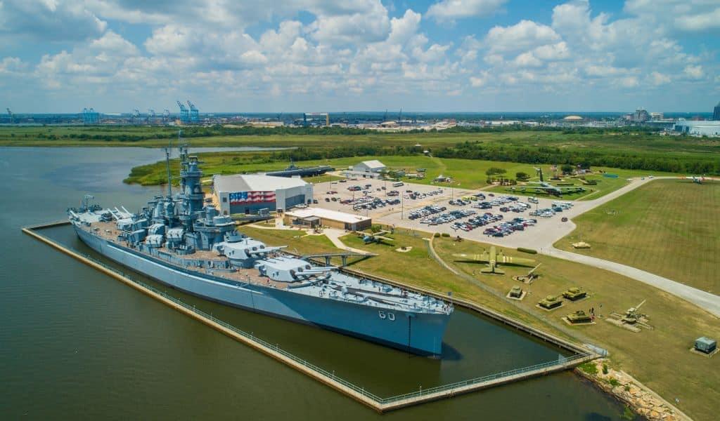 The Aerial image of the USS Alabama at the Battleship Memorial Park
