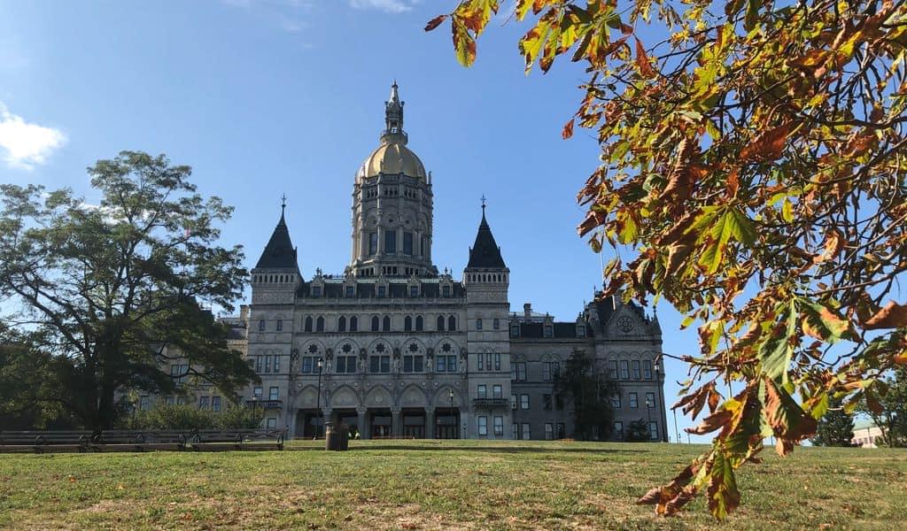 Front view of the State Capitol building at the Bushnell Park, Hartford, Connecticut