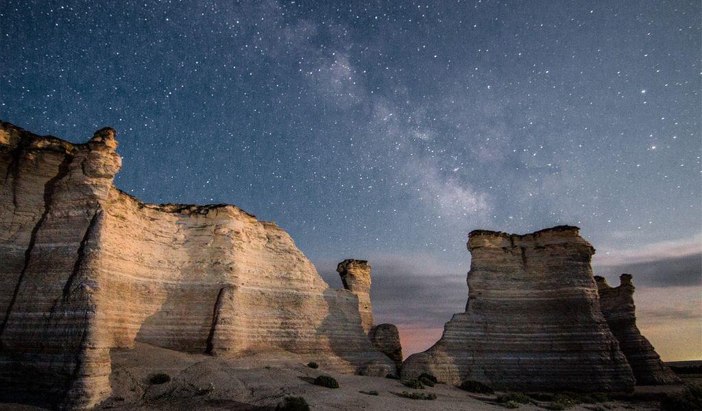 Beautiful starry night at the Monument Rocks in Kansas