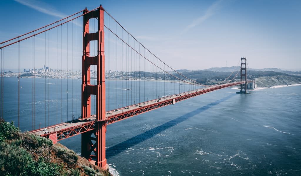 The Golden Gate Bridge during sunset