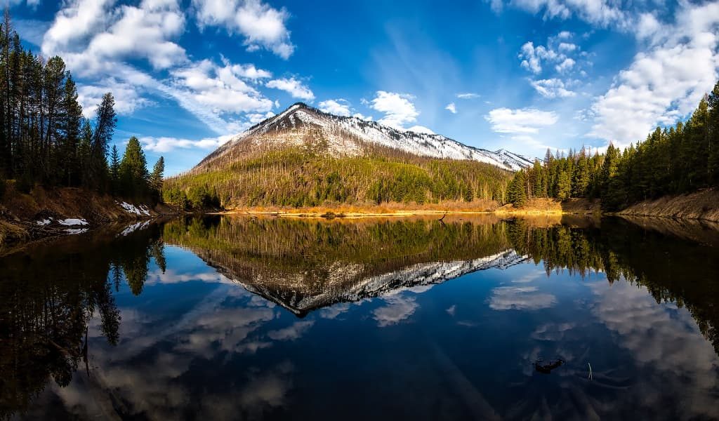 Glacier National Park surrounded by pine trees, blue waters and clouded blue skies