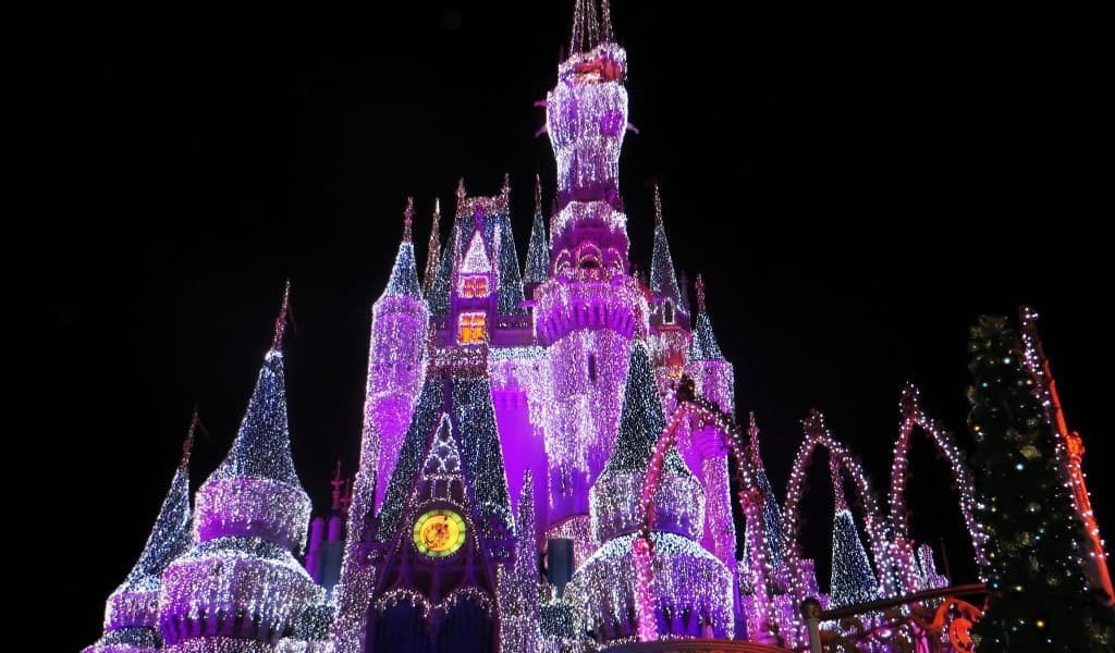 Pink, white and purple illuminated castle in Disney World