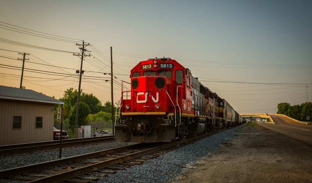 A moving red train in Jackson city