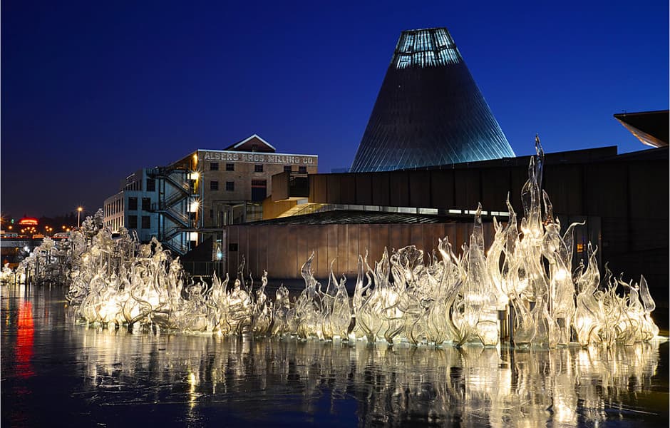 Museum of Glass, Washington. Glass reflecting on a pool at night